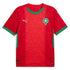 Morocco Puma home jersey 2025 in red with green collar and sleeve trim featuring team crest and Puma logo